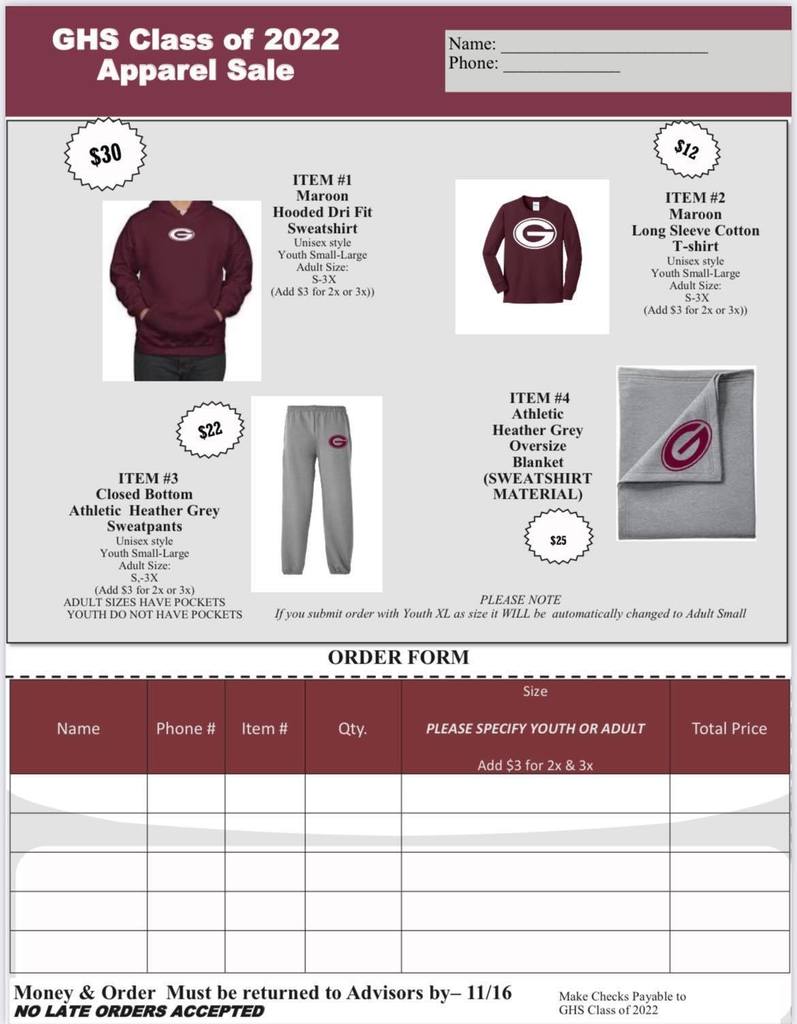 Class of 2022 order form
