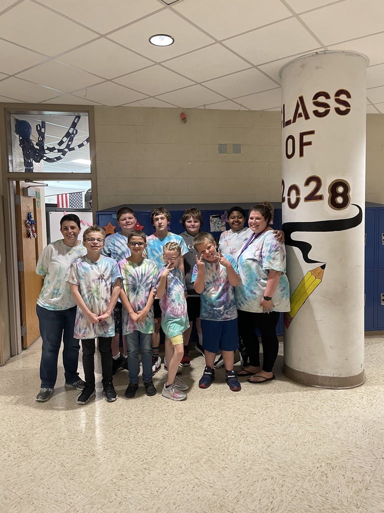 These are Mrs. Stark’s SEL kids in Tye Dye for 6th and 7th grade fun day. 