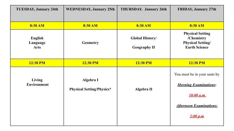 GHS Regents Exam Schedule 